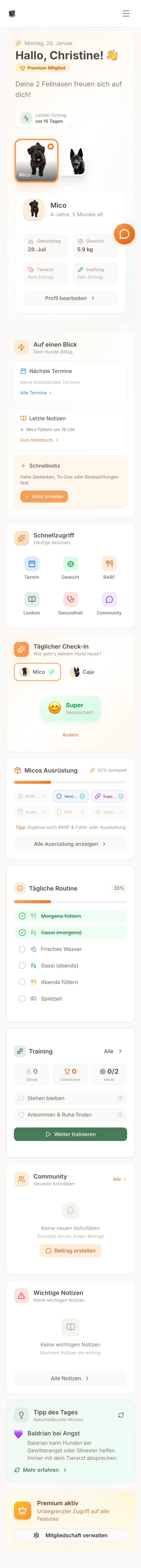 Hundementor App Dashboard — BARF-Planer, Gesundheits-Tracker und KI-Mentor für Hunde