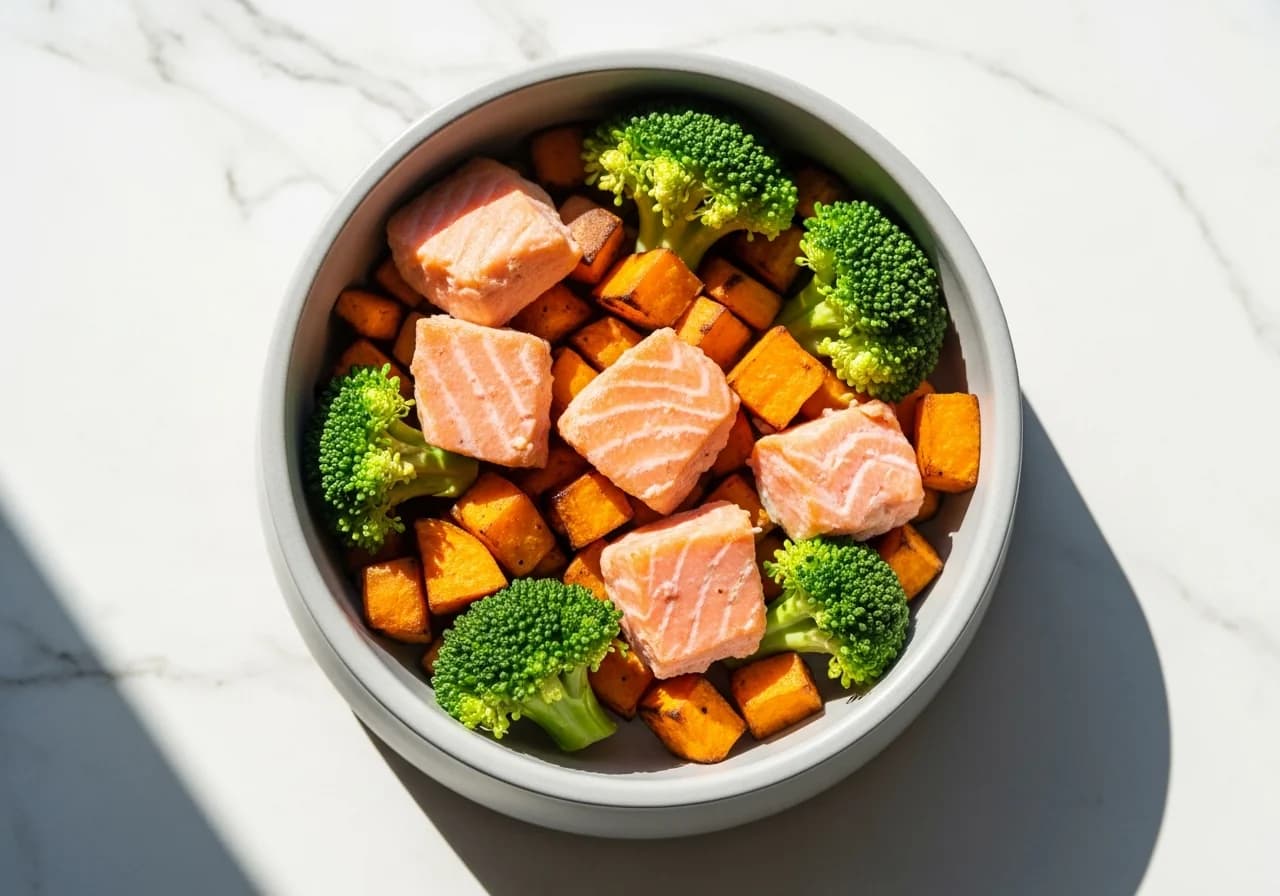 Lachs-Süßkartoffel-Bowl für glänzendes Fell — BARF Rezept für Hunde, 35 min