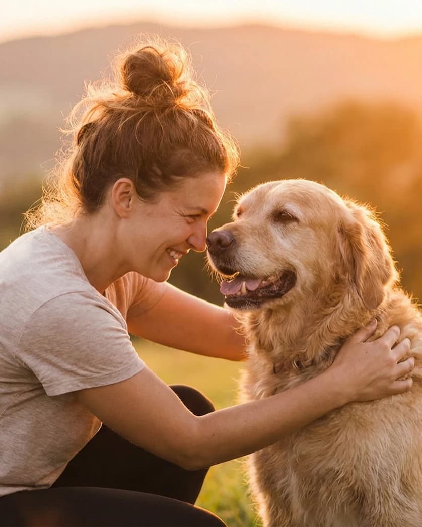 Glueckliche Hundebesitzerin mit Golden Retriever nutzt die Hundementor App